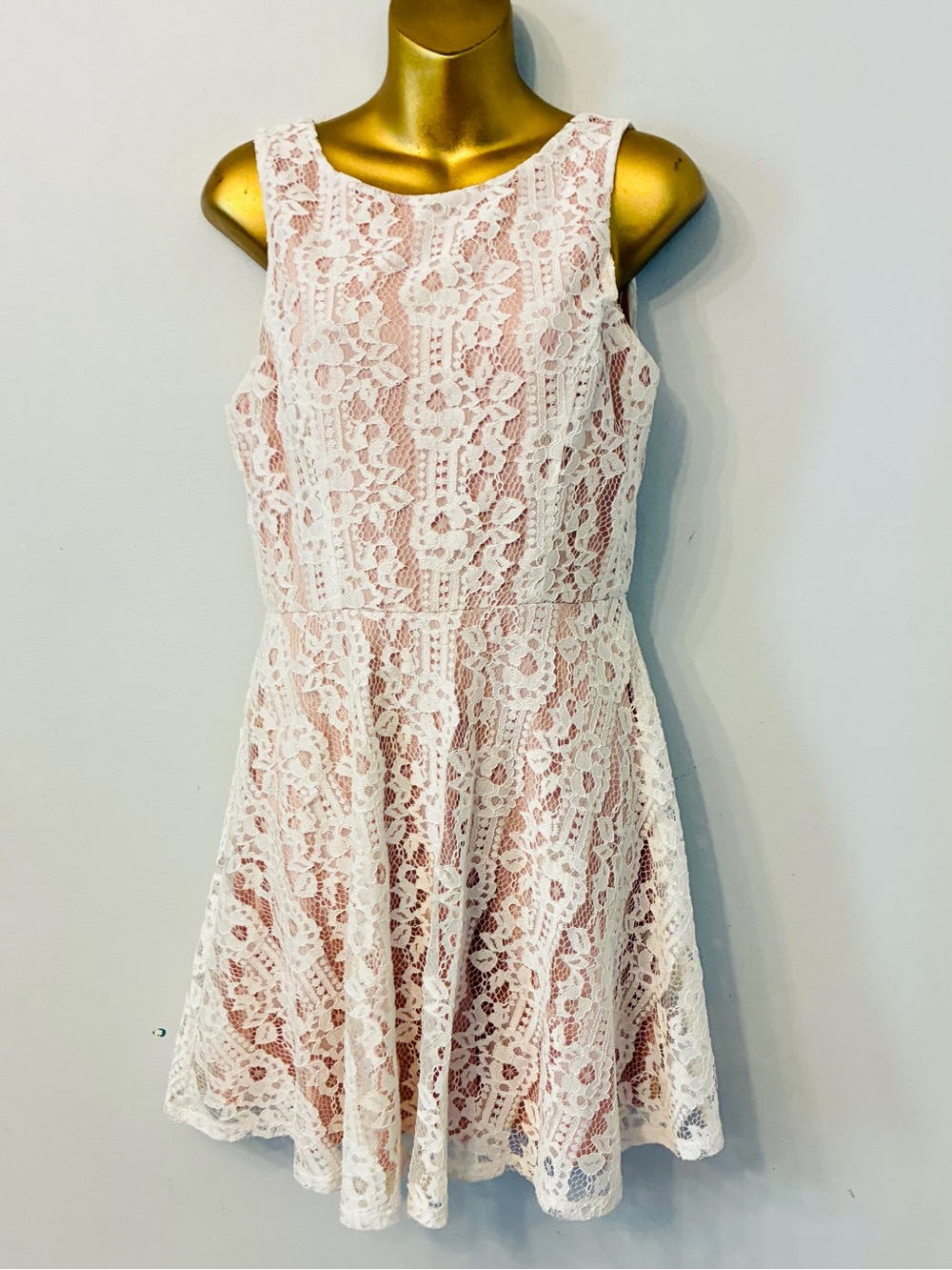 Speechless White Lace Fit & Flare Dress Blush Lined Sleeveless Size L Bridal - Picture 2 of 7
